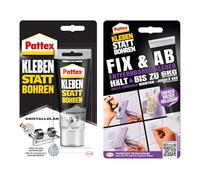 Pattex Set colle de montage Coller au lieu de percer cristal clair 90 g, pour des collages cristallins et Coller au lieu de percer Fix & Ab 44 g, colle forte tient jusqu'à 6 kg, colle murale amovible