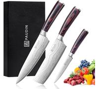 PAUDIN Couteau Cuisine Professionnel, Ensembles de Couteaux de Chef 20cm, Couteau de Cuisine 17cm, Couteau Japonais 13cm, Acier Inoxydable Allemand, Manche en Bois, pour Cuisine, Restaurant