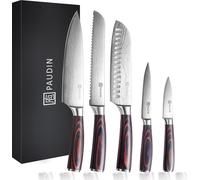 PAUDIN NS5 - Set de couteaux 5 pièces - Couteaux japonais professionnels - Couteau de chef, pain, Santoku, office, éplucheur - Motif Damas