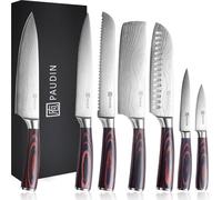 PAUDIN NS7 - Set de couteaux 7 pièces - Couteaux japonais - Couteau de chef, pain, viande, Santoku, Nakiri, office, éplucheur - Motif Damas