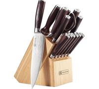 PAUDIN NT1 - Set de couteaux 14 pièces - Bloc à couteaux - Couteaux japonais professionnels - In outeau de chef, pain, viande, ciseaux, fusil, office, légumes, 6 couteaux à steak - Motif Damas