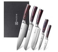PAUDIN Set Couteau Cuisine Professionnel, 5 Pièces Ensembles de Couteau Japonais Tranchants, Acier Inoxydable, Couteau de Chef Santoku Universel Fruit Pain, Manche en Bois