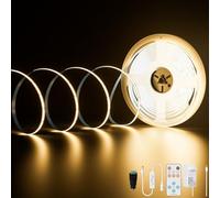 PAUTIX Ruban LED COB Blanc Chaud 3000K, 10M 4800LEDs 24V CRI90+ Kit Bande Lumineuse COB Lumineux Dimmable avec Télécommande RF et Alimentation COB LED pour Miroir,Plafond,Cuisine,Armoire,Placard