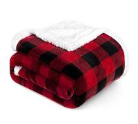 PAVILIA Couverture de Lit à Carreaux Sherpa Noir et Rouge - Grande Polaire Flanelle Douce et Pelucheuse Pour Canapé et Grand Lit