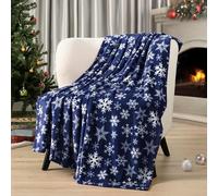 PAVILIA Couverture de Noël | Couverture Polaire de Noël Bleu Marine | Couverture de Chalet d'hiver Douce, pelucheuse et Chaude, 127 x 152,4 cm (Bleu Marine/Flocon de Neige Blanc)