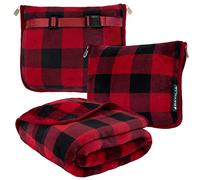 PAVILIA Couverture et Oreiller de Voyage en Polaire Douce et Chaude 2 en 1 pour Avion, Camping, Voyages en Voiture - Grande Couverture Compacte avec Sangle à Bagage et Clip pour Sac à Dos - Rouge