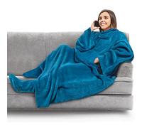 PAVILIA Couverture polaire avec manches et poches de pieds pour adulte, couverture à enfiler en peluche, robe chaude et douillette, cadeau confortable pour épouse, maman, bleu sarcelle