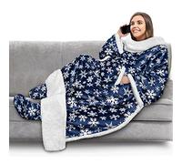 PAVILIA Couverture polaire avec manches et poches de pieds pour adulte, couverture à enfiler en peluche, robe chaude et douillette, cadeau confortable pour épouse, maman, motif flocon de neige bleu