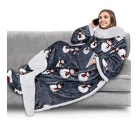 PAVILIA Couverture polaire avec manches et poches de pieds pour adulte, couverture à enfiler en peluche, robe chaude et douillette, cadeau confortable pour épouse, maman, motif bonhomme de neige gris