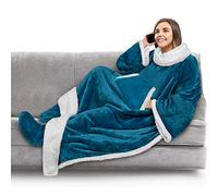 PAVILIA Couverture polaire avec manches et poches de pieds pour adulte, couverture à enfiler en peluche, robe chaude et douillette, cadeau confortable pour épouse, maman, bleu sarcelle