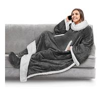 PAVILIA Couverture Sherpa avec Manches et Poches de Pieds pour Adulte, Couverture épaisse à Enfiler, Robe en Polaire Chaude et Douillette, Cadeau pour épouse, Maman, Gris foncé