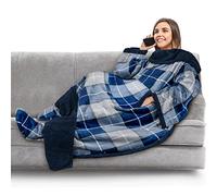 PAVILIA Couverture sherpa avec manches et poches de pieds pour adulte, couverture épaisse à enfiler, robe en polaire chaude et douillette, cadeau pour épouse, maman, motif écossais bleu