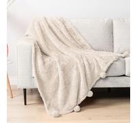 PAVILIA Couverture Sherpa en Peluche avec Franges à Pompons, Beige Ivoire crème | Jeté en Polaire Moelleuse à Pompons pour canapé, lit, canapé | Couverture décorative Douce, pelucheuse à Poils Longs