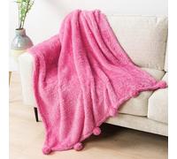 PAVILIA Couverture Sherpa Rose Vif avec Franges à Pompons Doux, Couverture pelucheuse et Chaude pour canapé-lit, Sofa, jeté en Polaire pelucheuse avec Pompon, léger et Moelleux, Rose, 127 x 152,4 cm