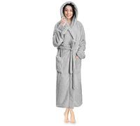 PAVILIA Peignoir à capuche en peluche douce pour femme | Peignoir à poils longs en polaire sherpa chaude et moelleuse, gris clair, Large-X-Large