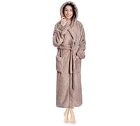 PAVILIA Peignoir à capuche en peluche douce pour femme | Peignoir en polaire sherpa à poils longs, taupe, Small-medium