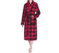 PAVILIA Peignoir en polaire avec bordure en satin pour femme - Long peignoir de spa en peluche douce - Col châle confortable avec poches, Rouge à carreaux, Large-X-Large