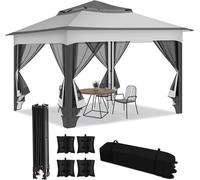 Pavillon 3x3 mètres, imperméable, stable, avec double toit, idéal pour le jardin. Structure en métal avec moustiquaire, toile de protection, tente de fête ou pergola pour 2 à 4 personnes (gris)