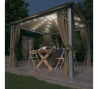 Pavillon avec rideaux & guirlande lumineuse LED 300x300 cm Taupe Alu