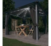 Pavillon avec rideaux & guirlande lumineuse LED 3x3 m Anthracite Alu