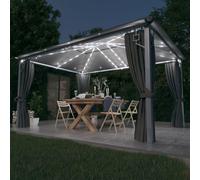 Pavillon avec rideaux & guirlande lumineuse LED 4x3 m Anthracite Alu