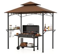 Pavillon barbecue COSTWAY résistant aux intempéries, abri barbecue avec double toit, étagères latérales et 7 crochets, abri barbecue pavillon avec structure métallique, 240 x 151 x 255 cm, marron