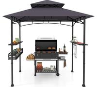 Pavillon barbecue - Toit barbecue - Double toit - Rangements latéraux - Panier métallique - Crochets - Polyester - Gris foncé
