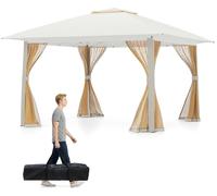 Pavillon COSTWAY 4 x 4 m, pavillon pliant « pop-up » avec 4 moustiquaires, double toit et sac de transport, pavillon de jardin imperméable et résistant à l'hiver, tente de réception beige