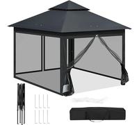 Pavillon de 3x3 mètres, pavillon pliable avec moustiquaire, tente de fête étanche et stable, tente de fête réglable en hauteur avec protection UV, pavillon de jardin avec 4 panneaux latéraux, tente de