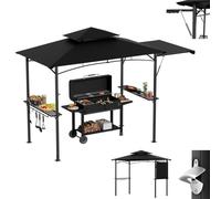 Pavillon de barbecue avec auvent latéral, toit double résistant aux intempéries, en acier noir, avec étagères et crochets