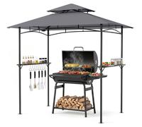 Pavillon de barbecue COSTWAY, abri de barbecue avec double toit, 2 étagères latérales et 8 crochets, pavillon résistant aux intempéries, abri de barbecue d'extérieur 245x151x248 cm, gris