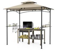 Pavillon de barbecue COSTWAY avec double toit, 2 étagères latérales et 6 crochets, pavillon de barbecue, abri de barbecue résistant aux intempéries, abri de barbecue 242 x 150 x 250 cm, beige