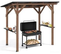 Pavillon de barbecue COSTWAY en bois, dimensions 263x151x223 cm, abri de barbecue avec toit en métal galvanisé et 2 étagères latérales, structure de barbecue résistante aux intempéries