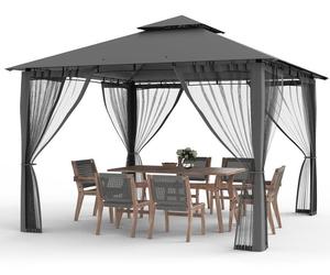 Pavillon de jardin 2,8x2,8 m, gris, toit double, imperméable, moustiquaire intégrée, structure en métal