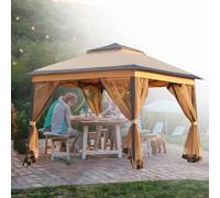 Pavillon de jardin 3,3 x 3,3 m, robuste avec toit à double niveau et parois latérales en filet, cadre en métal pour terrasse, jardin, événements, montage facile