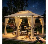 Pavillon de jardin 3x4 mètres, imperméable, stable, avec double toit et parois latérales, protection UV 50+, structure en métal beige avec éclairage LED