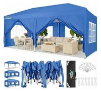 Pavillon de jardin 3x6 mètres, couleur bleu, imperméable, stable, avec protection UV, comprenant 6 panneaux latéraux et une sacoche de transport