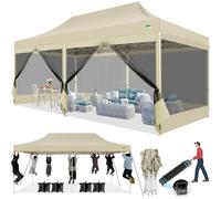 Pavillon de jardin 3x6 mètres, imperméable, avec protection UV et 6 panneaux latéraux en mesh, couleur kaki