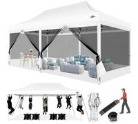Pavillon de jardin 3x6 mètres, imperméable, avec protection UV et 6 panneaux latéraux en mesh, de couleur blanche