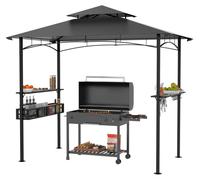 Pavillon de jardin avec barbecue, toit à double couche, dimensions 245 x 153 x 250 cm, couleur grise, résistant à l'eau, ignifuge, inclut un panier de rangement