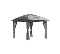 Pavillon de jardin barnum rigide dim. 3,05L x 3,05l x 2,7H m 4 rideaux zippés alu. acier polycarbonate noir polyester gris