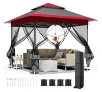 Pavillon de jardin de 3,3 x 3,3 mètres, avec 4 moustiquaires, imperméable, protection UV 50+, toit double, couleur rouge et gris