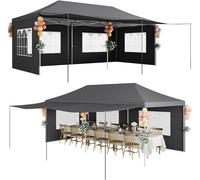 Pavillon de jardin gris foncé, tente pop-up de 10x20 pieds, avec fenêtres en PE, tente événementielle imperméable en Oxford 420D, ensemble professionnel comprenant 6 sacs de sable et une sacoche de tr