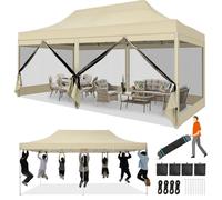 Pavillon de jardin pliable 3x6 mètres, imperméable, stable, avec 6 panneaux latéraux, type pop-up, couleur kaki, tissu Oxford 420D