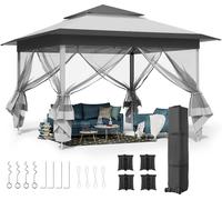 Pavillon de jardin - Pop Up Pavillon pliable - 3,3×3,3 m -PolyuréthaneOxford étanche - Structure en acier - 4 côtés avec moustiquaire - Double toit - Hauteur réglable - Gris clair