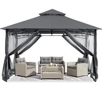 Pavillon de jardin pour terrasse, toit double en matériau souple, idéal pour l'arrière-cour. Pavillon gris avec moustiquaire pour l'ombre et la protection contre la pluie