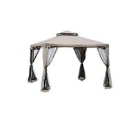 Pavillon de jardin tonnelle barnum style colonial double toit toiles moustiquaires amovibles zippées taupe
