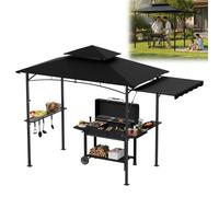 Pavillon de jardin XMTECH 245 x 141 x 253 cm avec auvent latéral et double toit, pavillon de jardin avec barbecue et structure métallique, protection UV, noir