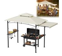Pavillon de jardin XMTECH 245 x 141 x 253 cm avec auvent latéral et double toit, pavillon de jardin avec barbecue et structure métallique, protection UV, beige