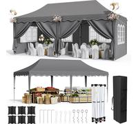 Pavillon pliable 3x6 m - Tente de réception pop-up - Étanche - UV50+ - Cadre en aluminium - HDPE avec revêtementPolyuréthane- Avec parois latérales - Gris foncé